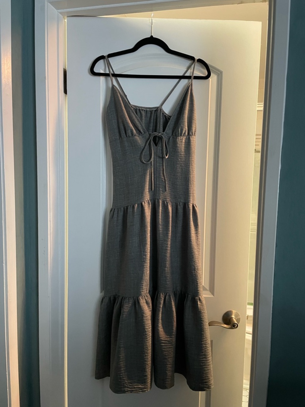Sleeveless Tiered Spaghetti-Strap Dress in Gray